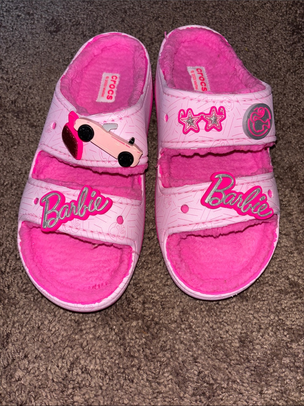CROCS Women Pink Barbie Fuzzy Slide Sandals